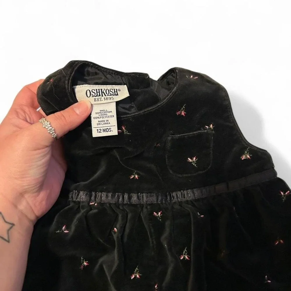 Vintage OshKosh B'gosh Black Velvet Baby Jumper 90s Y2k Floral Print 12m